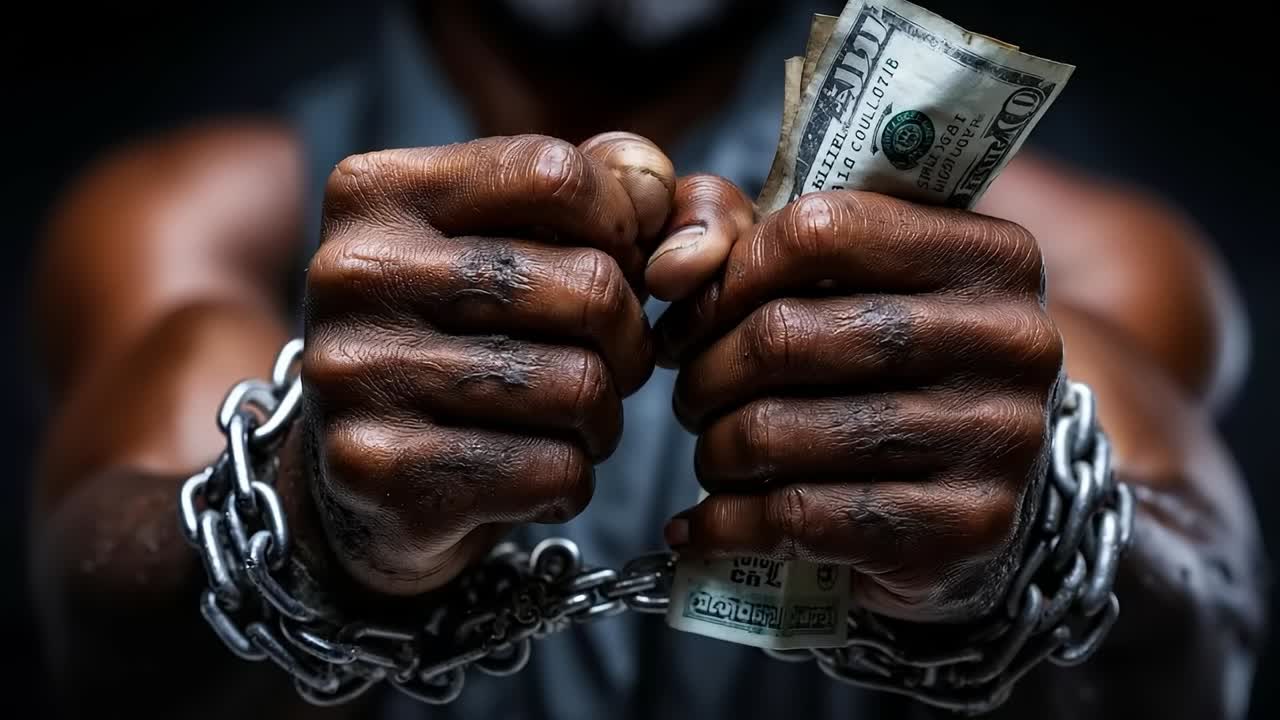 A man in handcuffs holding a bunch of money