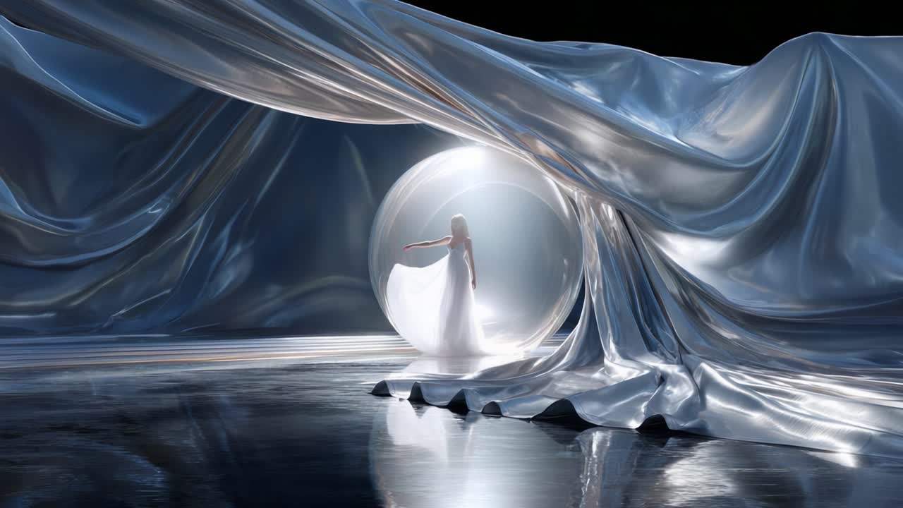 In a mesmerizing scene, a figure dressed in elegant attire stands gracefully within a shimmering, translucent sphere, surrounded by flowing silks that reflect light and create an ethereal atmosphere of tranquility and allure