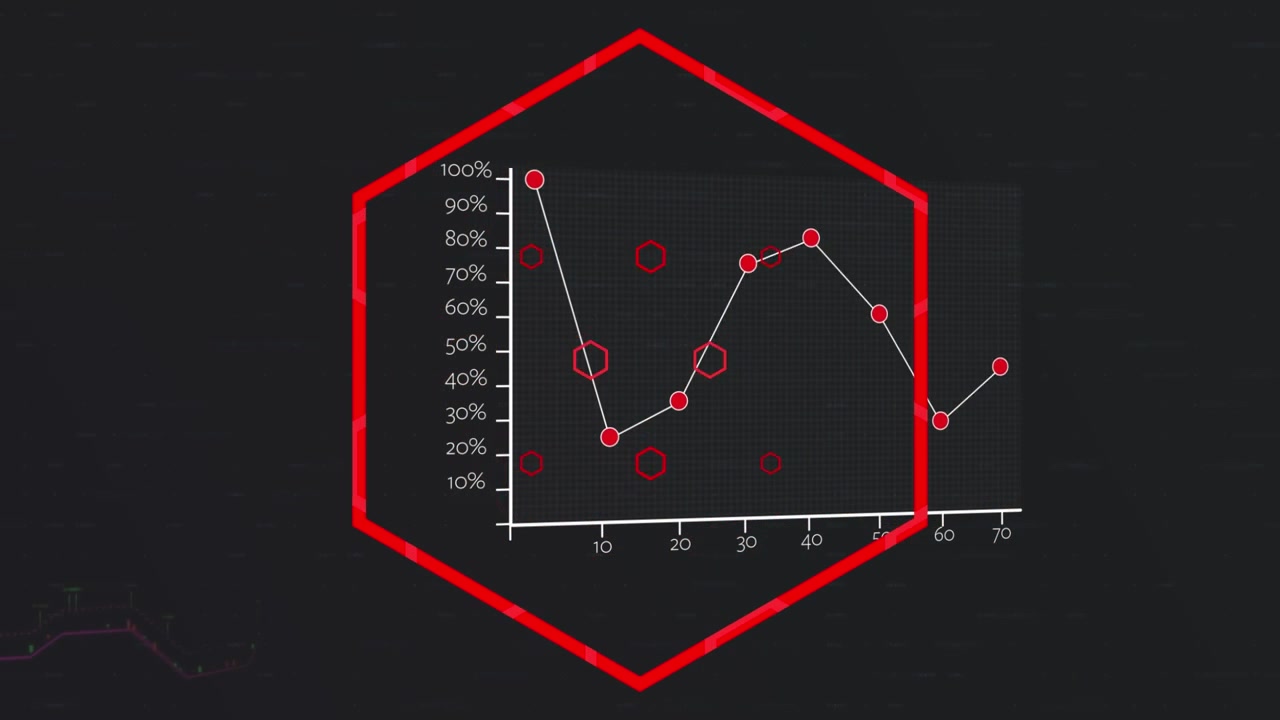 Animation of statistics with red abstract figure over navy background