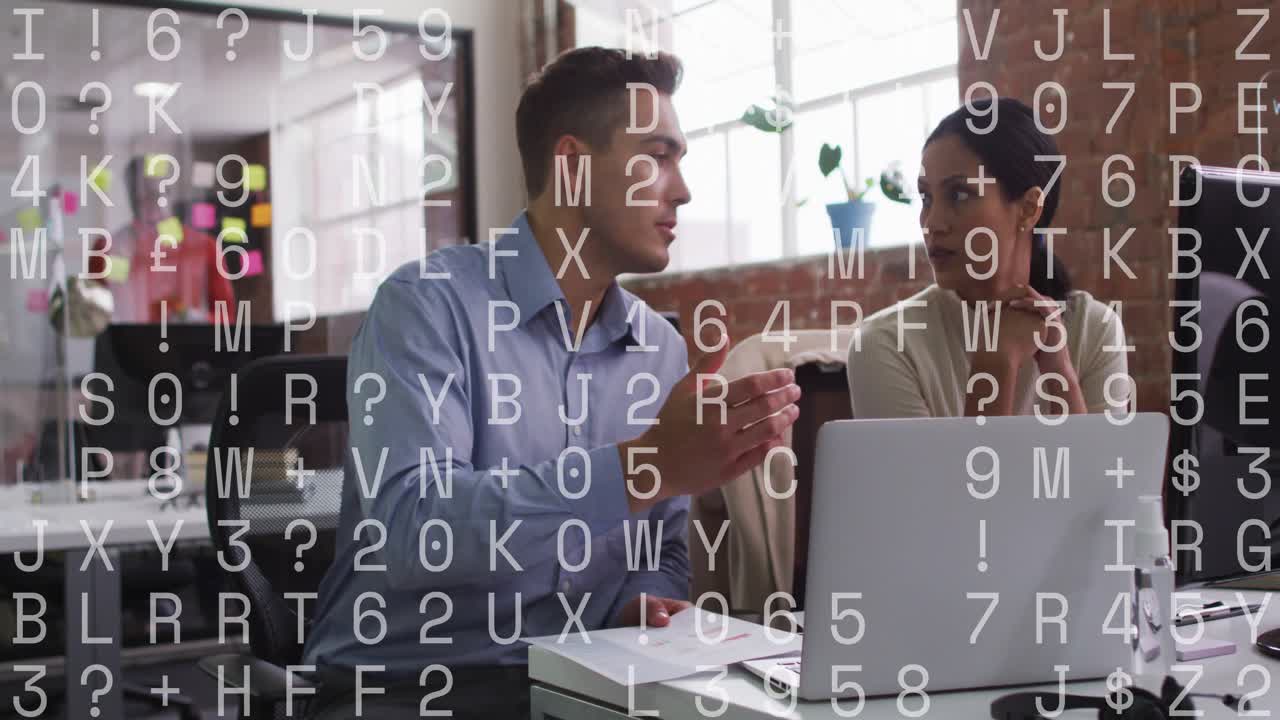 Man pointing at papers and laptop, woman questioning, code overlay showing business data for review
