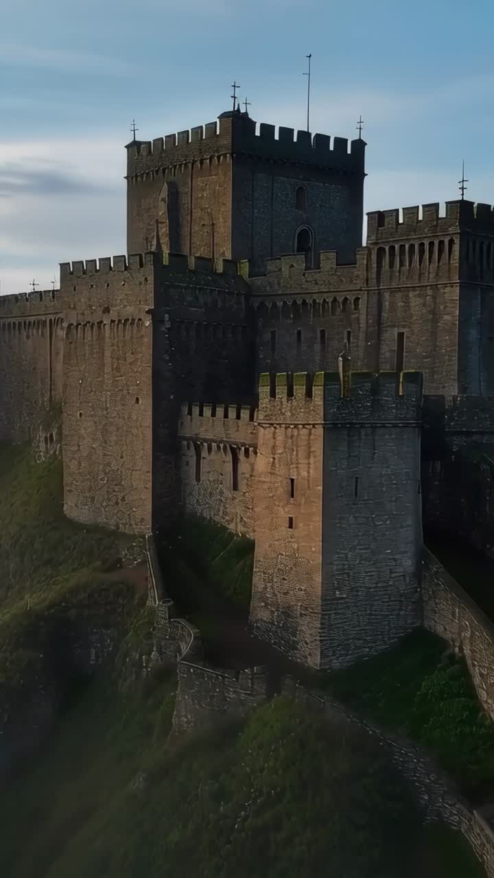 Video verticale: camera in movimento che svela un castello medievale su una collina rocciosa, la nebbia si dirada scoprendo le torri