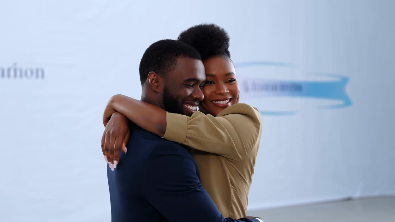 Black Couple Hugging At Office Reunion, Joyful Embrace Between Colleagues Celebrating Promotion And Teamwork,