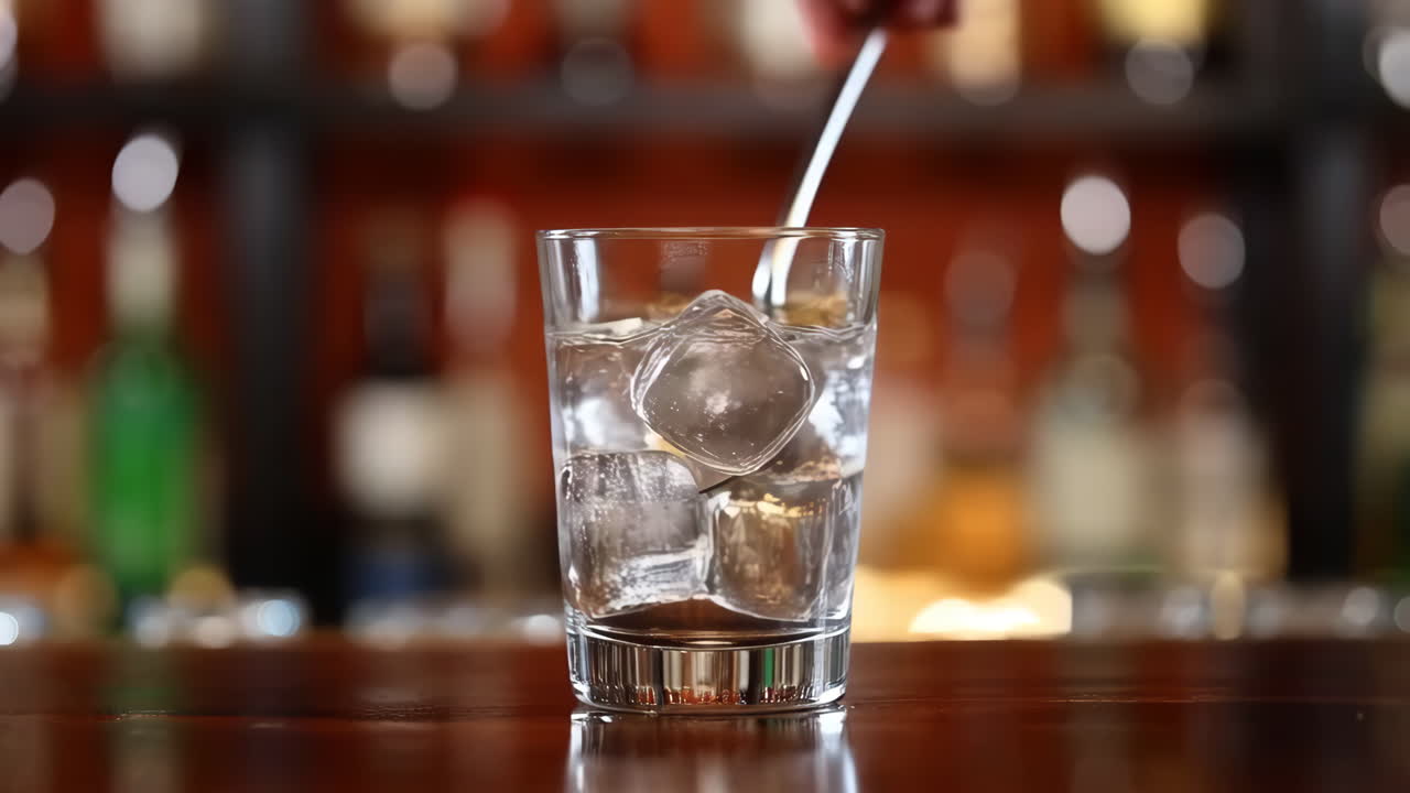 Preparing and mixing a drink with ice at a bar