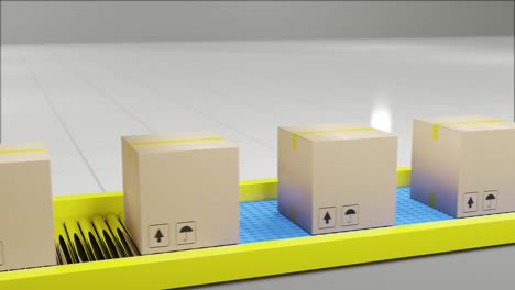 cardboard boxes progresses along on conveyor belt. loopable 3d animation.