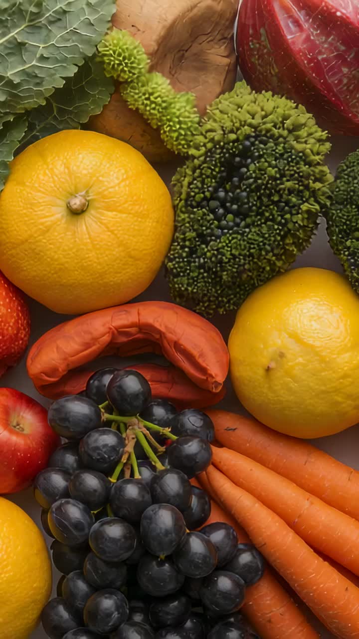 Video verticale: camera scorrevole che rivela frutta e verdura su un tavolo luminoso, mostrando colori, uva e mela
