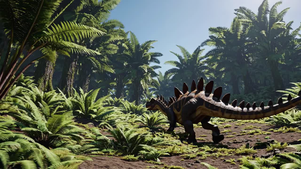 A low-angle shot of a stegosaurus walking through a lush, prehistoric jungle, evoking a cinematic