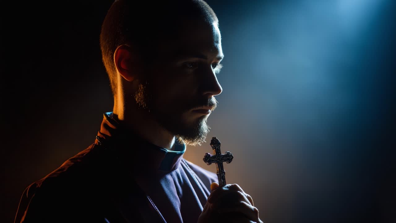 En højtidelig figur, der holder et kors belyst af dramatisk belysning i en stemningsfuld atmosfære, der fremkalder temaer som tro, eftertanke og spiritualitet