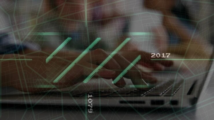 Hands typing on laptop keyboard initiating data analysis with pulsing green bars and numeric labels