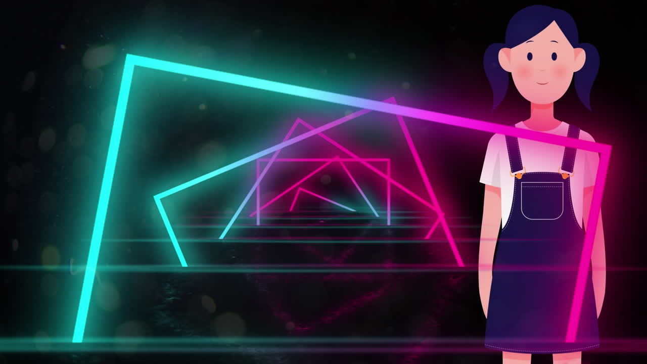 네온 모양 위에 얼굴 마스크를 입은 소녀의 애니메이션