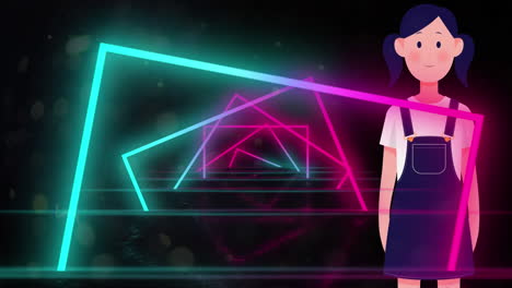 animación de una niña con una máscara de cara sobre formas de neón