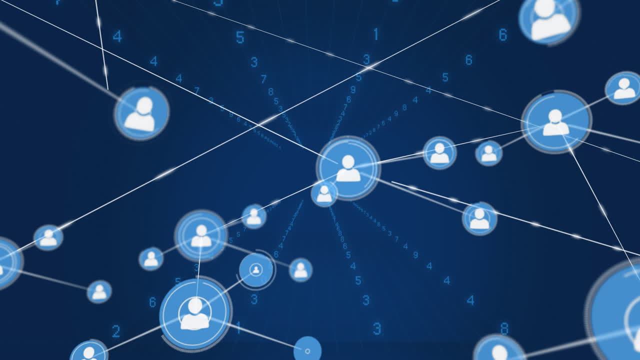 Animation of network of conncetions with icons over data processing on blue background