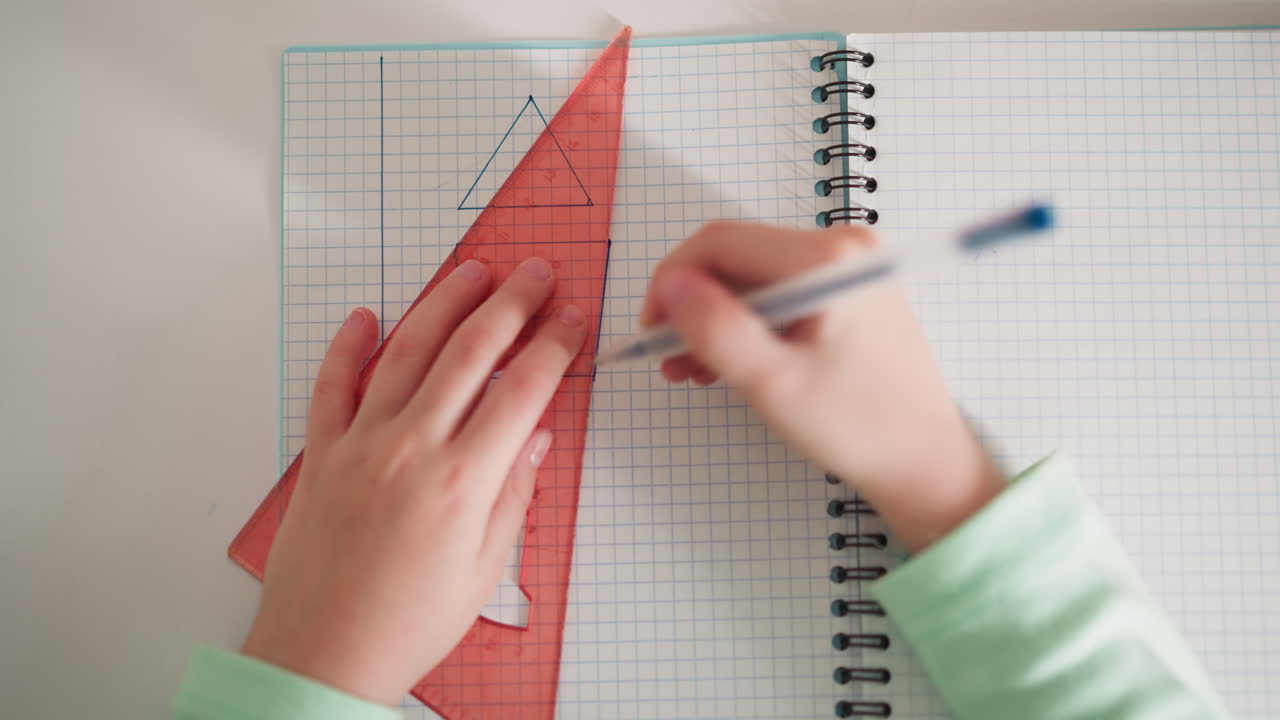 작은 학생은 운동 책 페이지에 기하학적 모양을 그립니다.