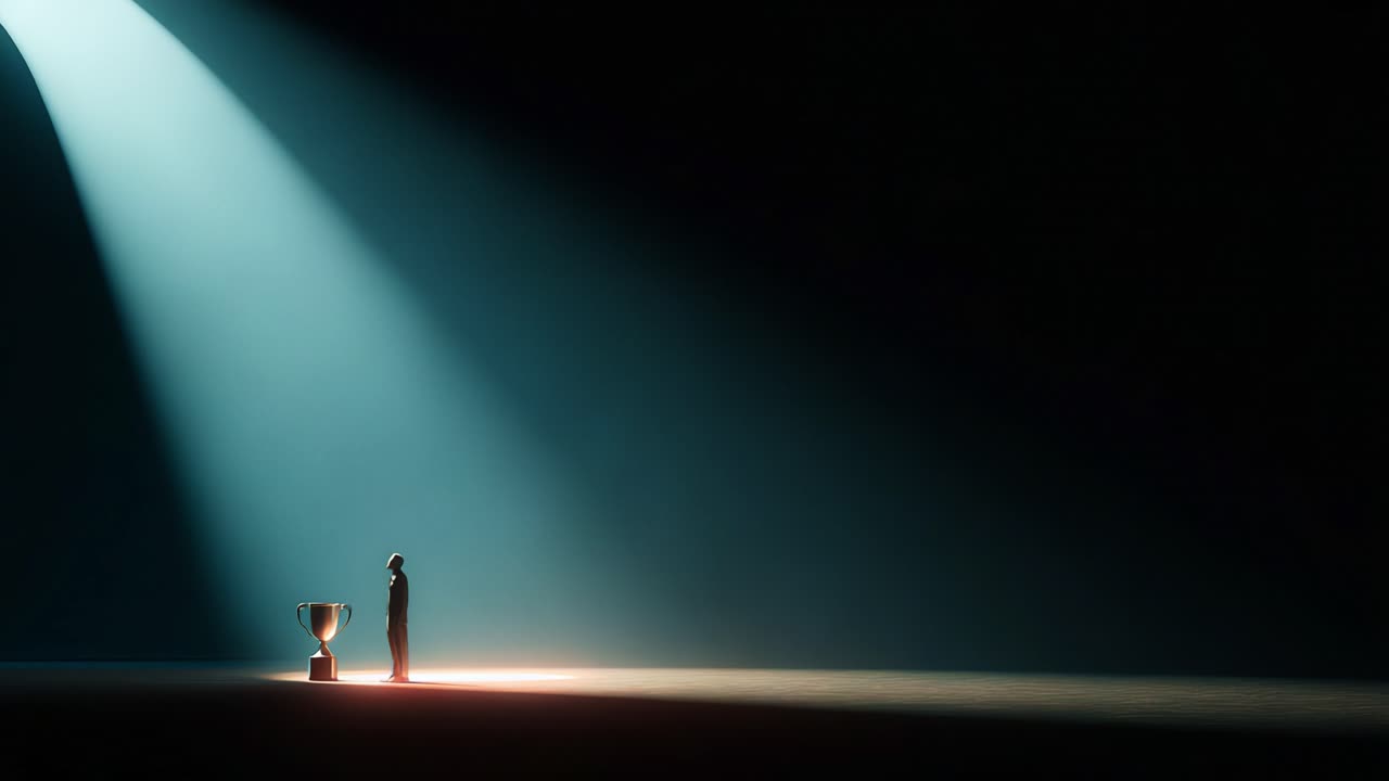 A solitary figure stands under a dramatic beam of light, gazing at a shining trophy, symbolizing triumph, aspiration, and the pursuit of success in a world of shadows and challenges