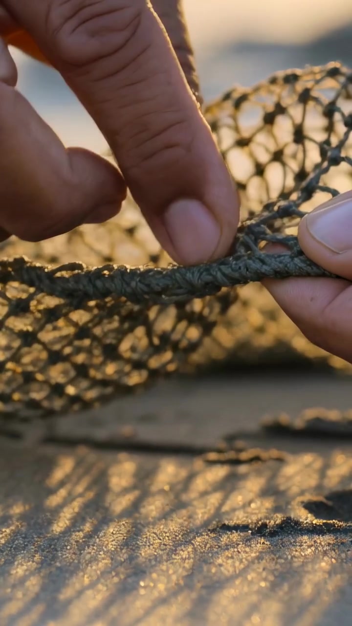 Video verticale: Mani che entrano nell'inquadratura ispezionando il bordo di una rete intrecciata sulla spiaggia, tirando un filamento allentato.