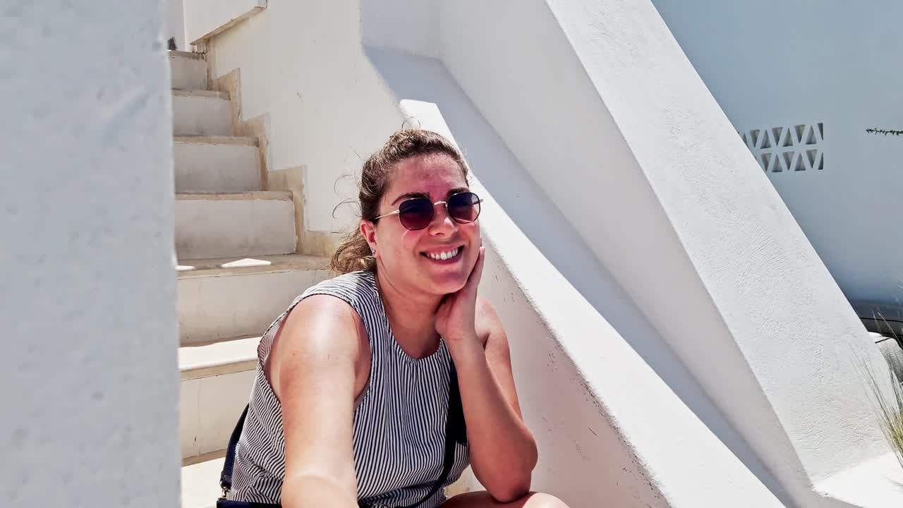 Nữ du khách cười tươi quay vlog trên cầu thang Santorini