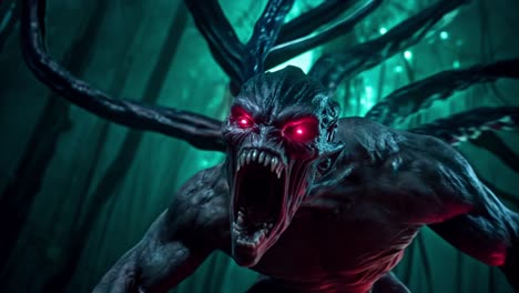 alien demon with glowing red eyes screaming