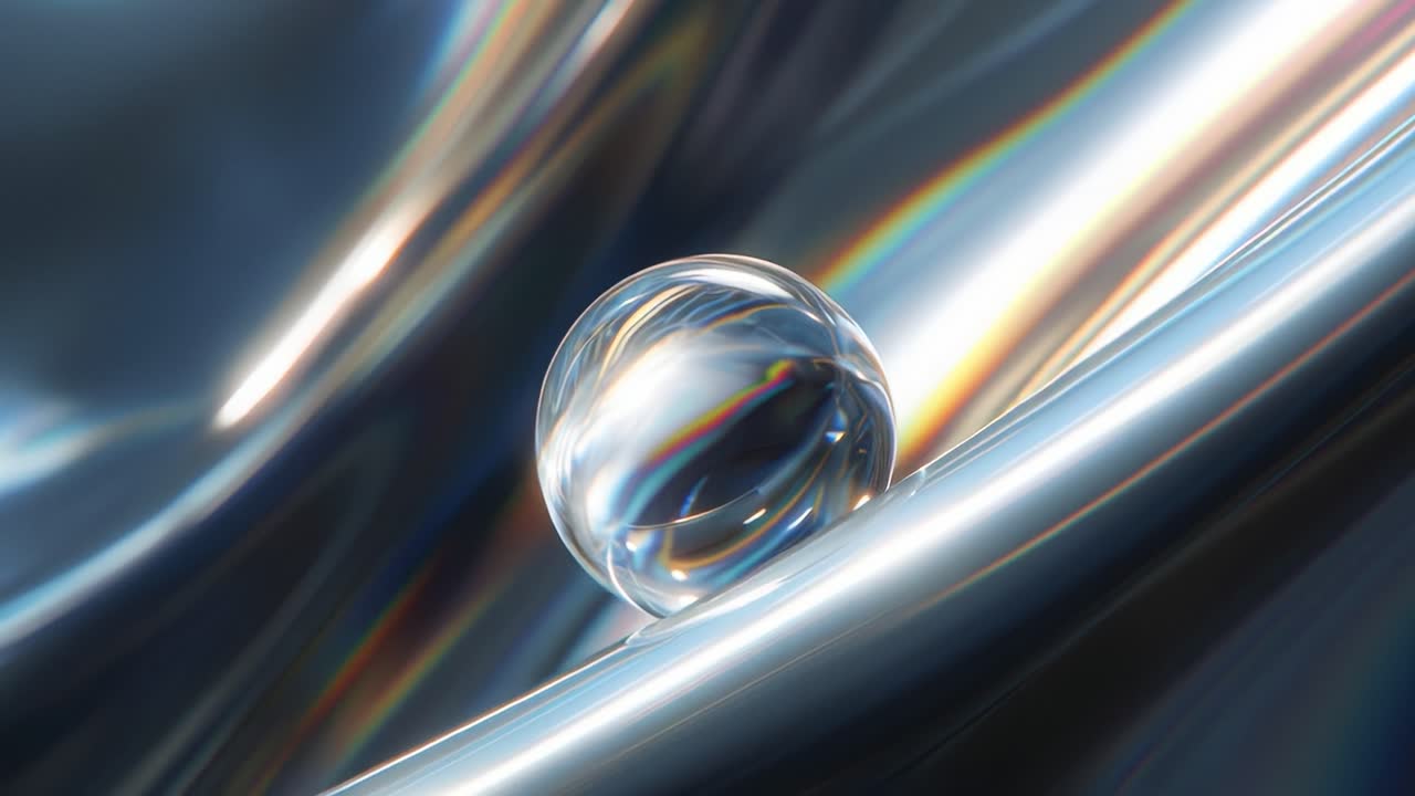 Liquid Light: A Stunning Exploration of Reflections and Refractions in a Crystal Sphere Surrounded by Fluid Surfaces, Showcasing the Beauty of Optical Effects in Minimalistic Design