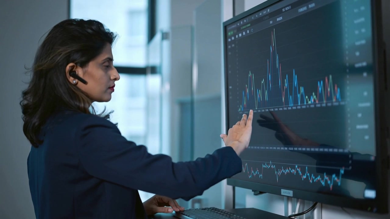 Swiping analyst wearing navy blazer and headset, tracking chart peak on wall touchscreen
