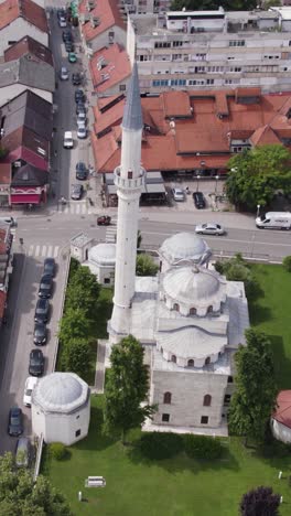 ferhadija mosque and surrounding streets in banja luka, bosnia, aerial vertical view