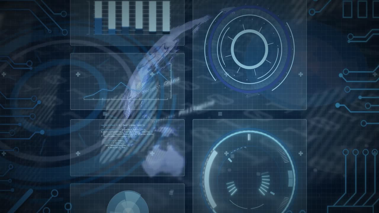 Animation of data processing with scope scanning on black background