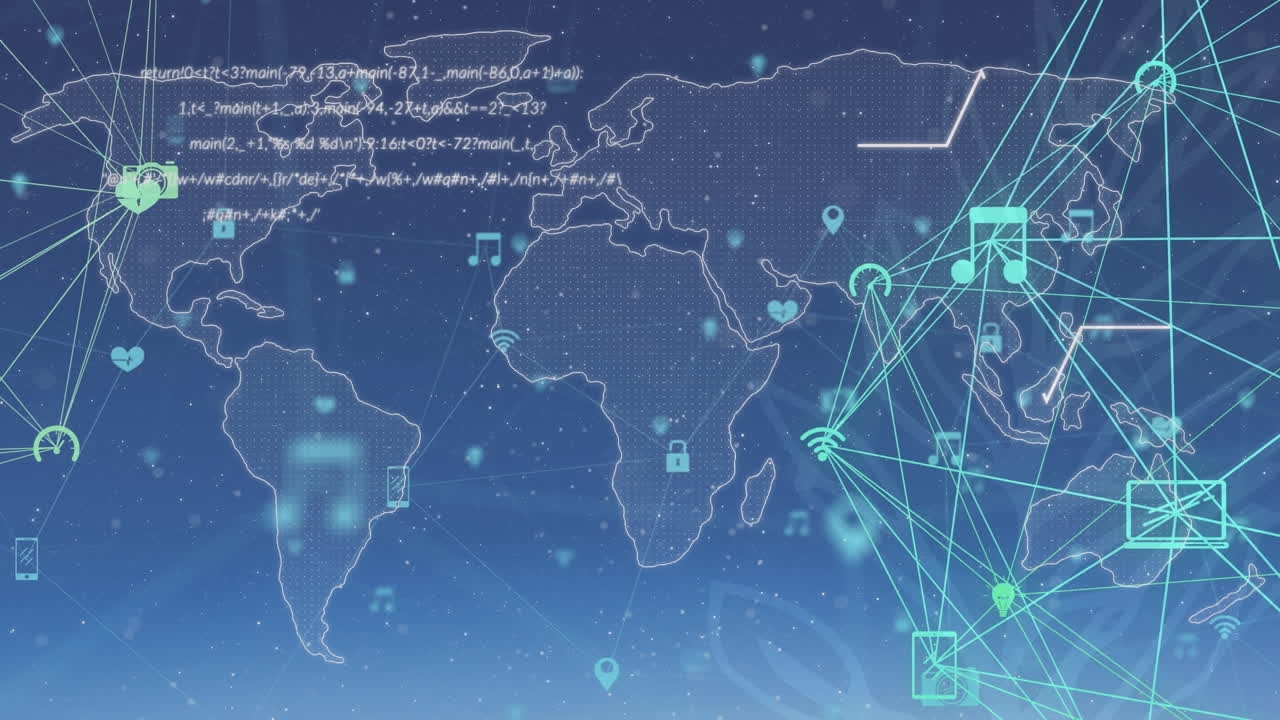 세계 지도를 가로지르는 데이터 처리 및 연결 네트워크의 애니메이션