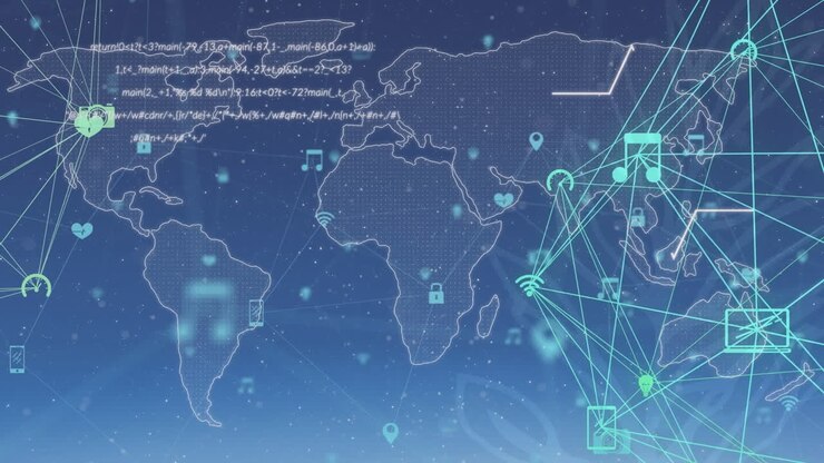 Animation of data processing and network of connections over world map