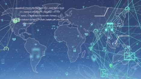 animation of data processing and network of connections over world map