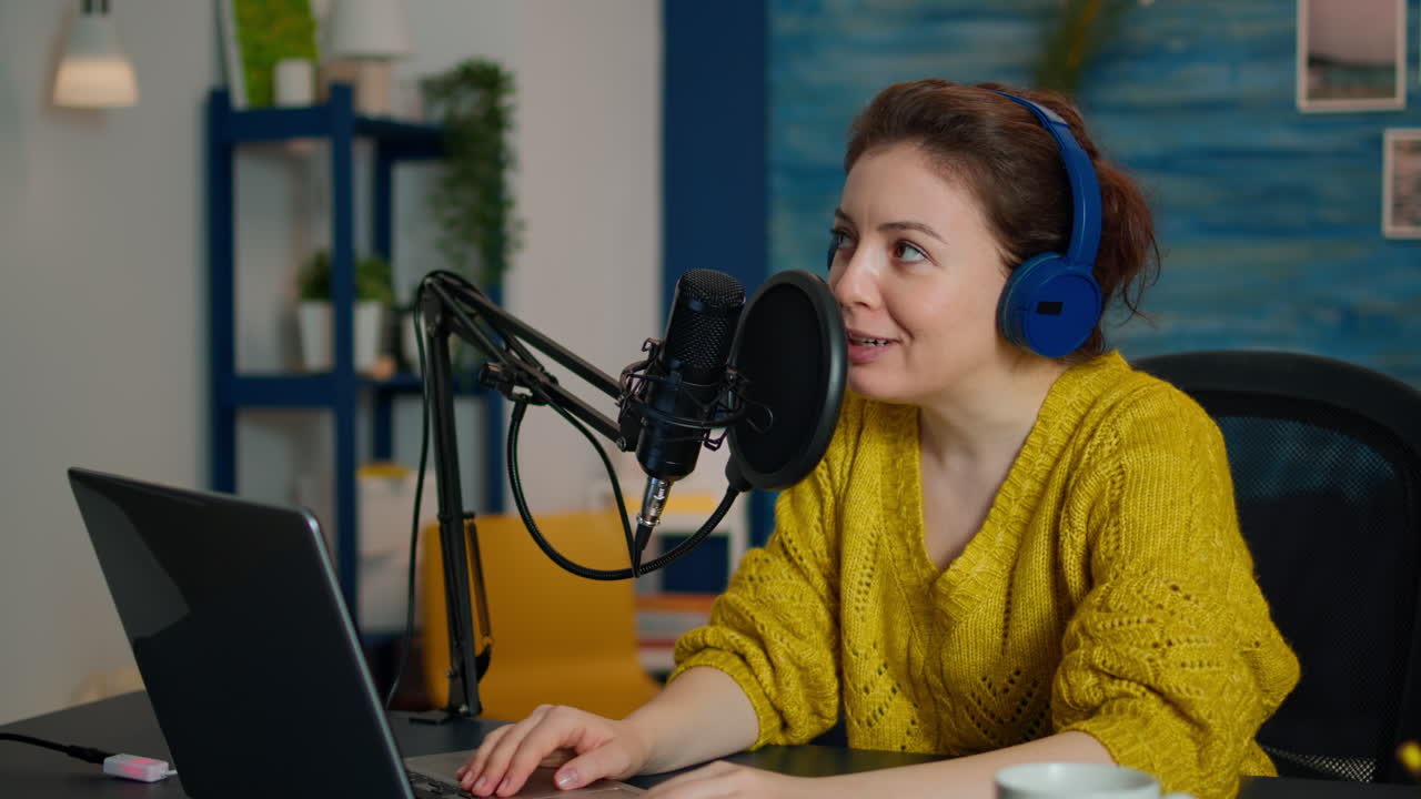 Famous blogger in home studio broadcasting using modern technology