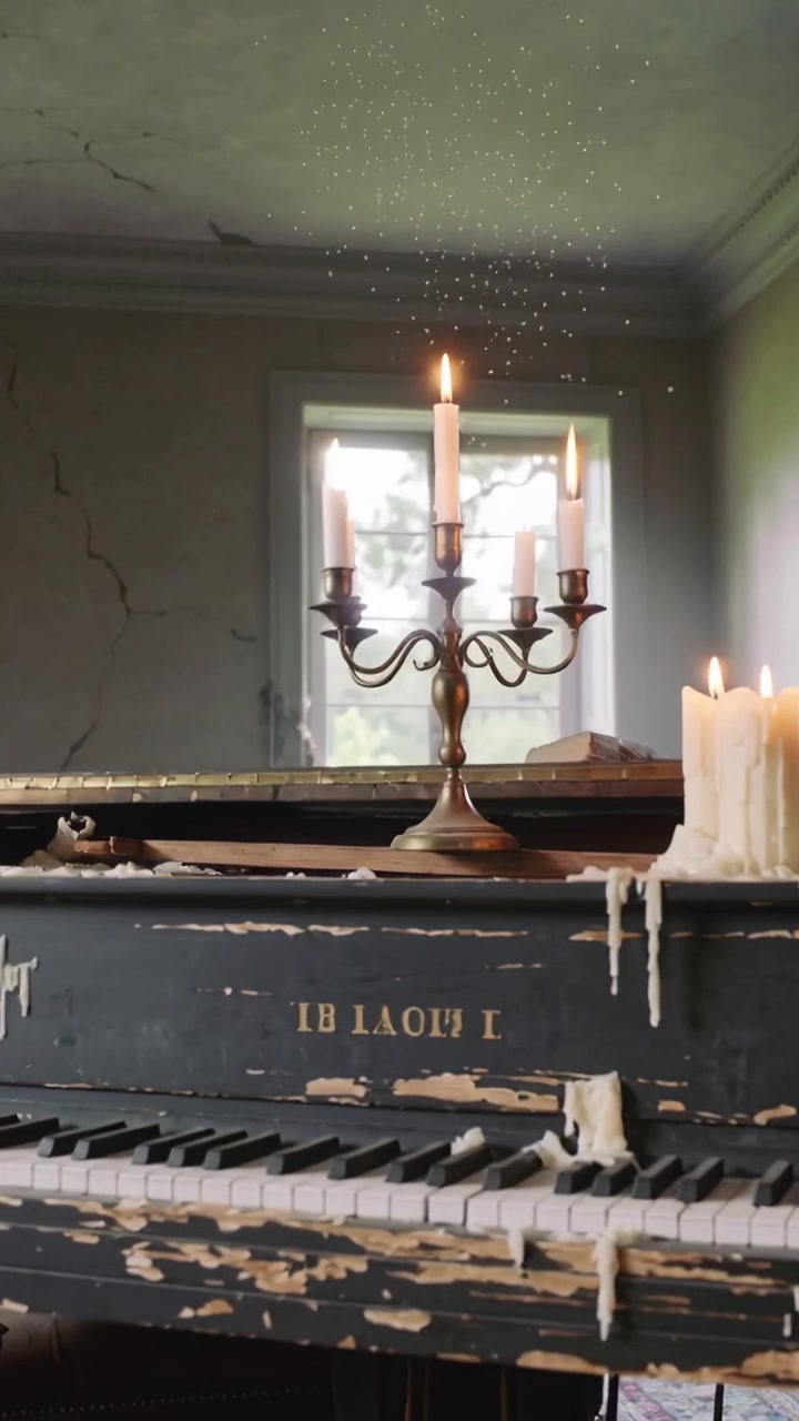 Video vertical: Cortina en movimiento revelando un piano con candelabro de latón en un salón, mostrando deterioro.