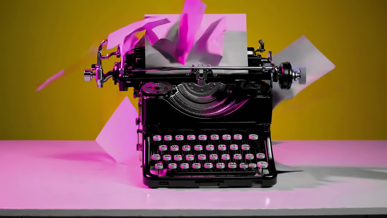 máquina de escribir antigua con papeles voladores