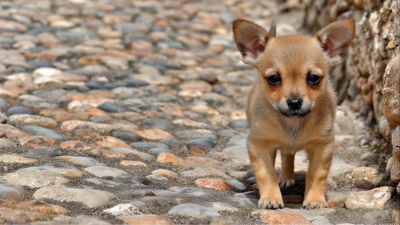 石畳の道を探索する、遊び心あふれるチワワの子犬。若々しい好奇心と冒険心を魅力的な屋外の風景の中で捉えました。