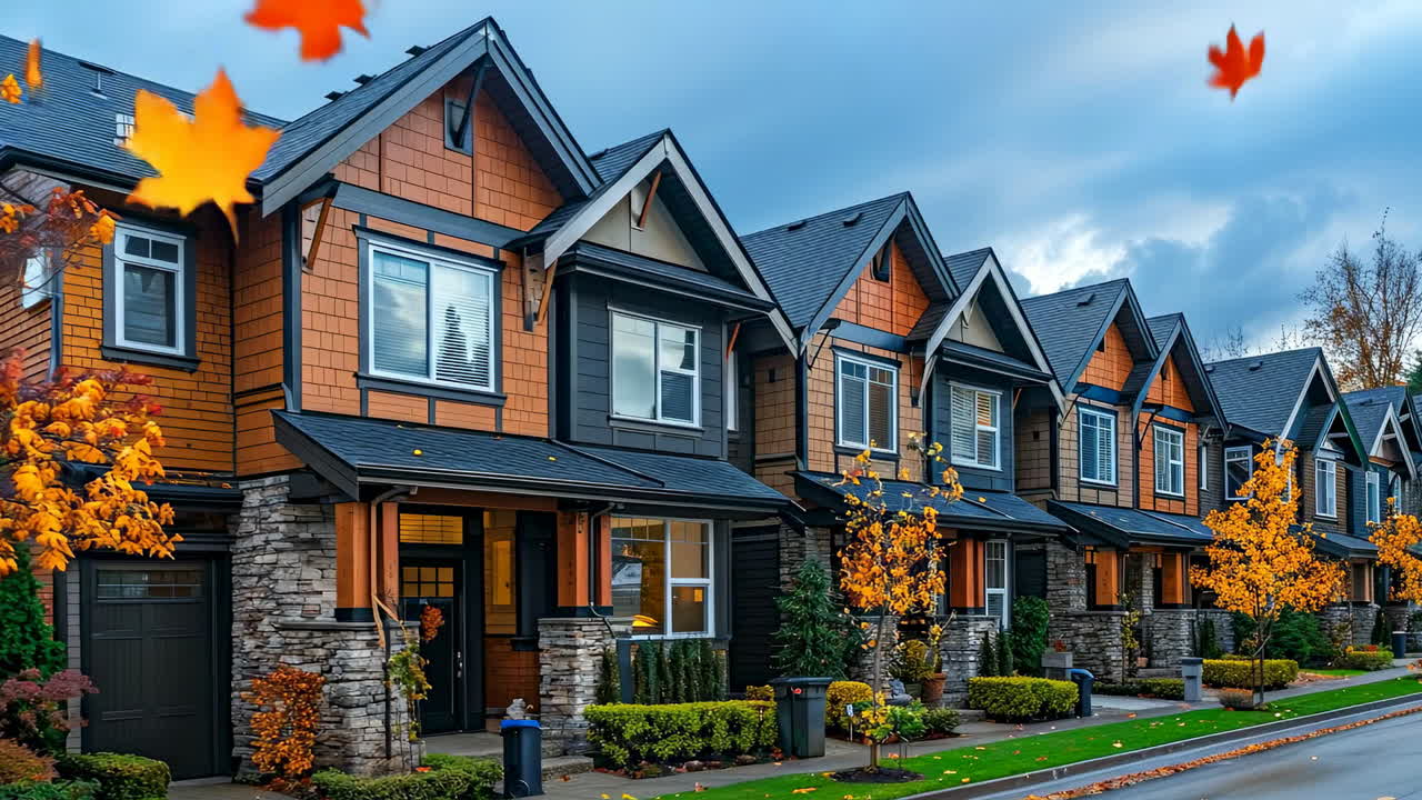 Vibrant autumn houses suburban. Row of charming houses with autumn trees lining the street, showcasing vibrant fall colors under a cloudy sky