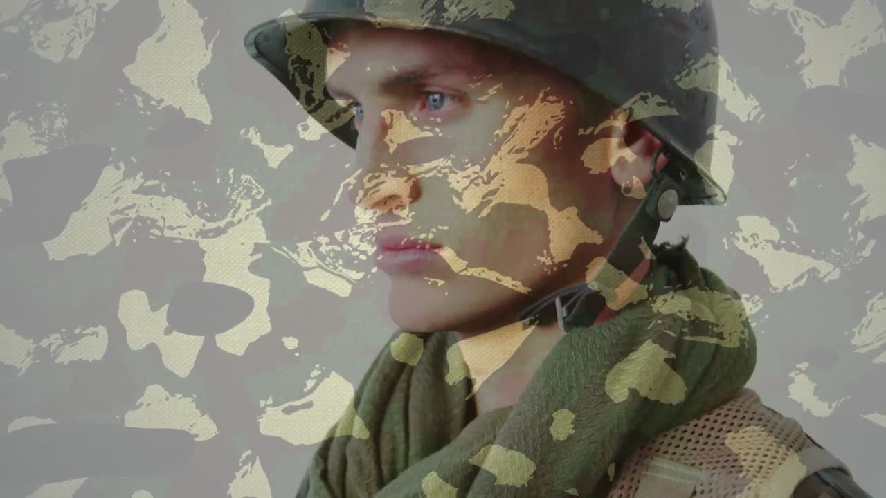 Camouflage background against soldier wearing a helmet