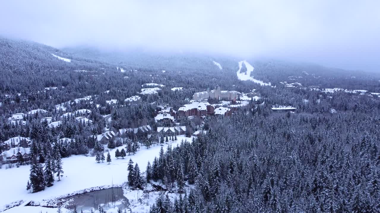 vista aérea de un bosque nevado en las montañas de canadá con un castillo en la distancia