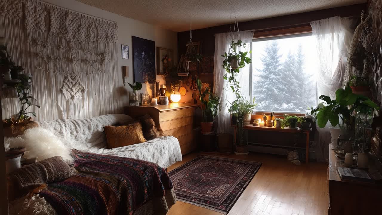 A Cozy, Wintery Living Space Surrounded by Lush Plants and Soft Textiles, Perfectly Capturing the Serenity of Nature Amidst a Snowy Landscape Outside