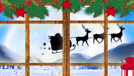 animación de santa claus en trineo con renos vistos a través de la ventana