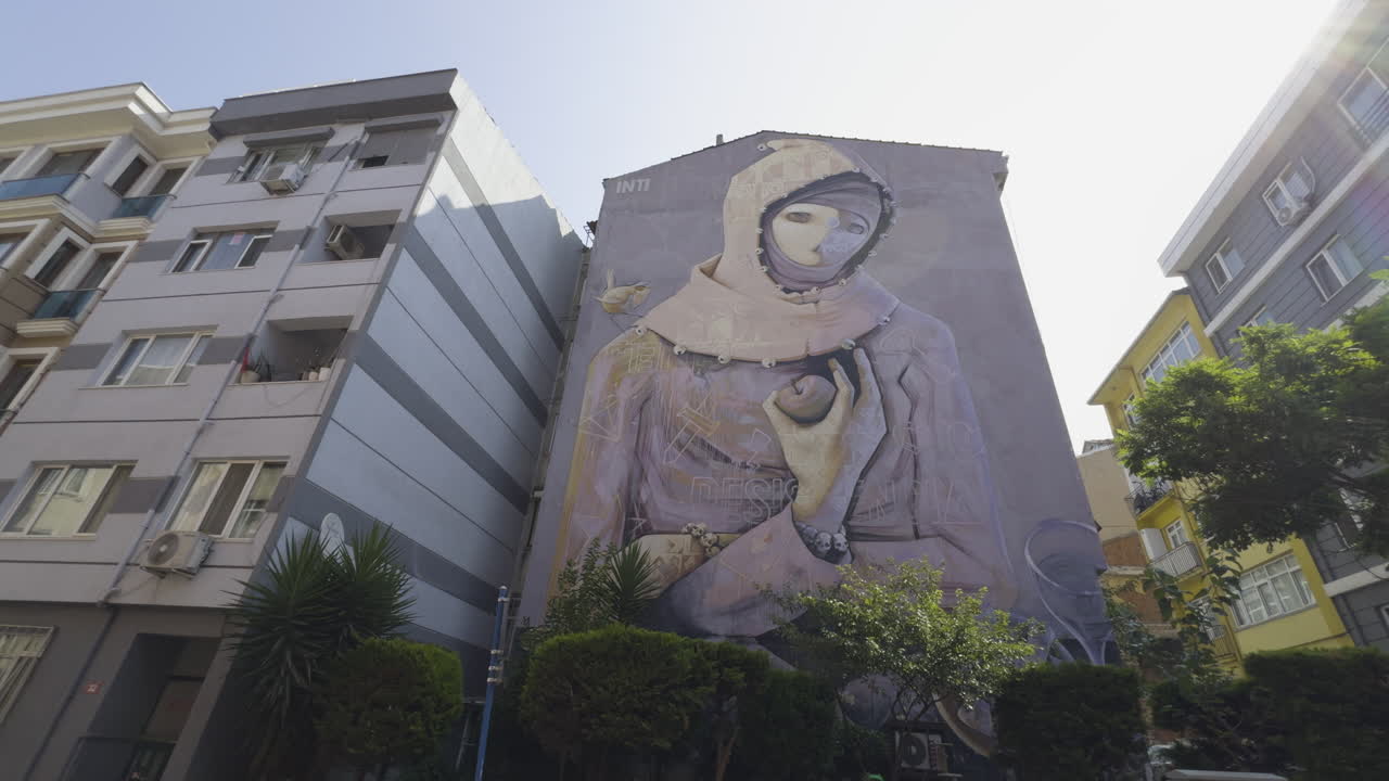 Wide angle view of the Resistancia street art mural, located in Kadıköy, part of Istanbul's annual street art festival