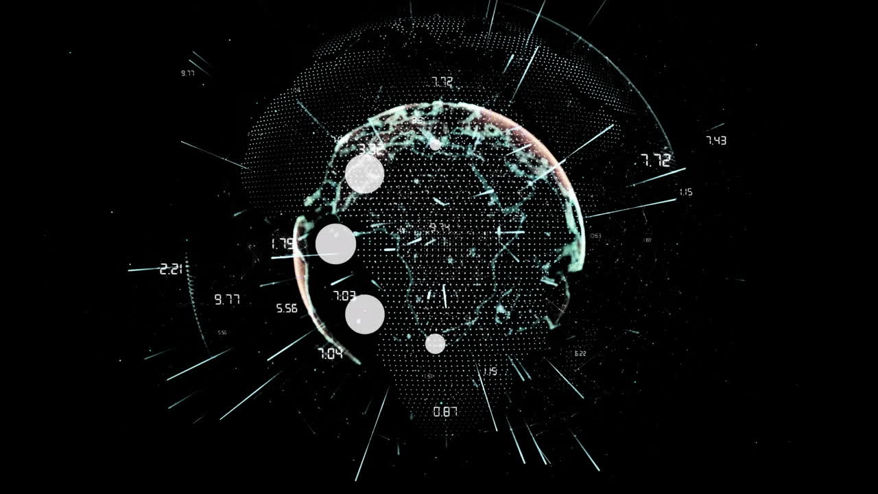 Animation of globe and loading circles data processing over black background