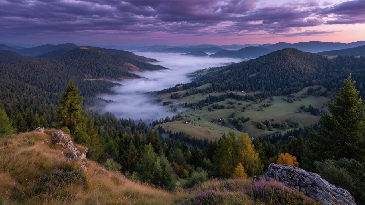 Breathtaking Landscape View Over Misty Valley at Dawn: A Panoramic Display of Nature’s Grandeur with Rolling Hills, Lush Forests, and Scenic Clouds