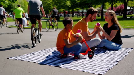 a child enjoys a scooter ride in a sunny park with family and other people