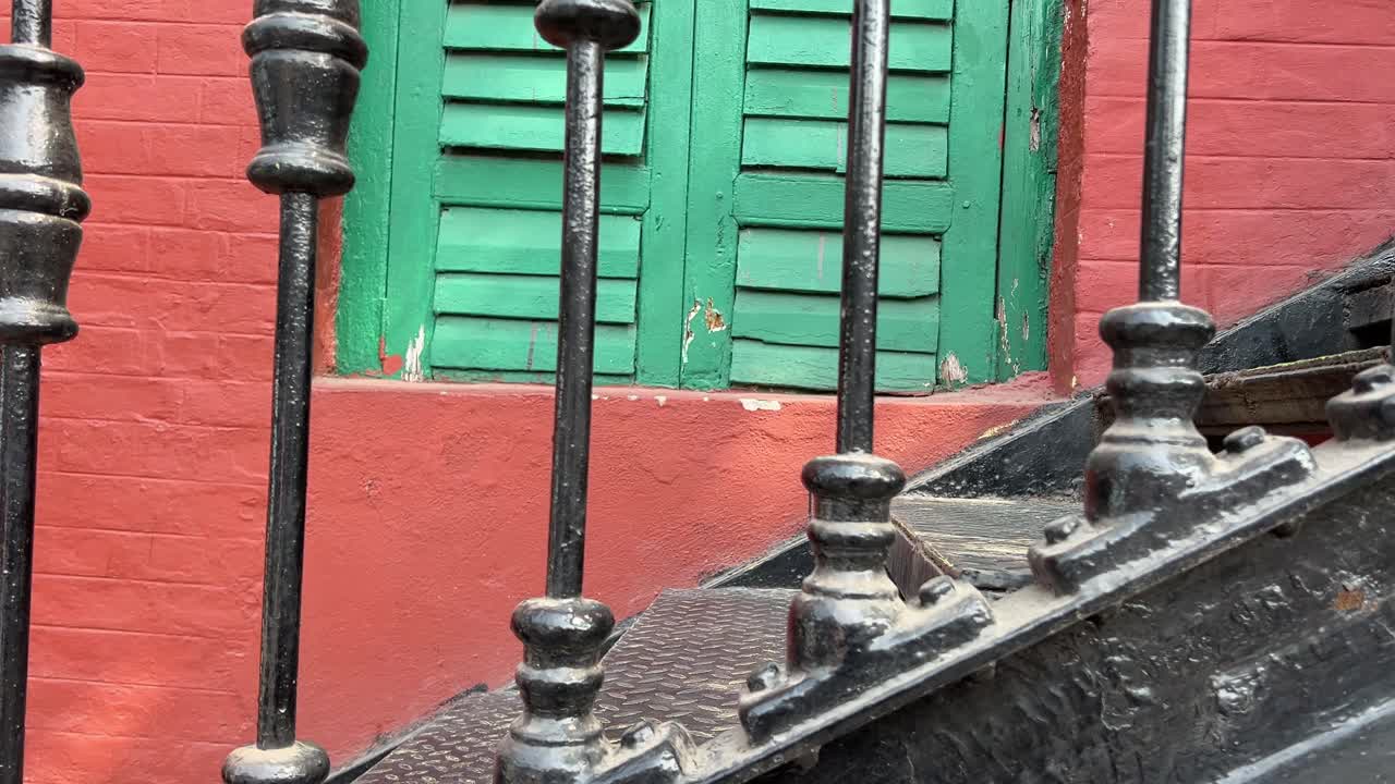 Closeup view of walking down metal stairs at Alipore Museum in Kolkata, India.