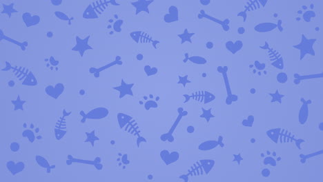 seamless set of animal pattern with paw print, heart, fish, bone. abstract looped blue background on a zoological theme.