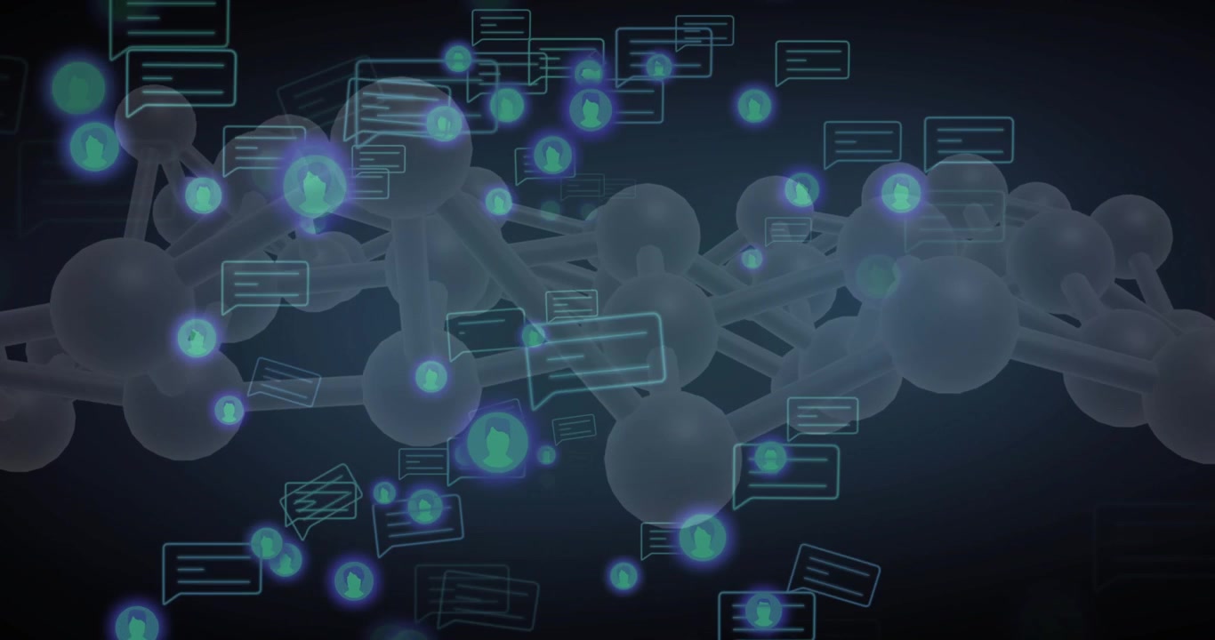 Green data orbs drifting into rotating 3D network pulsing outlines while visualizing message flow
