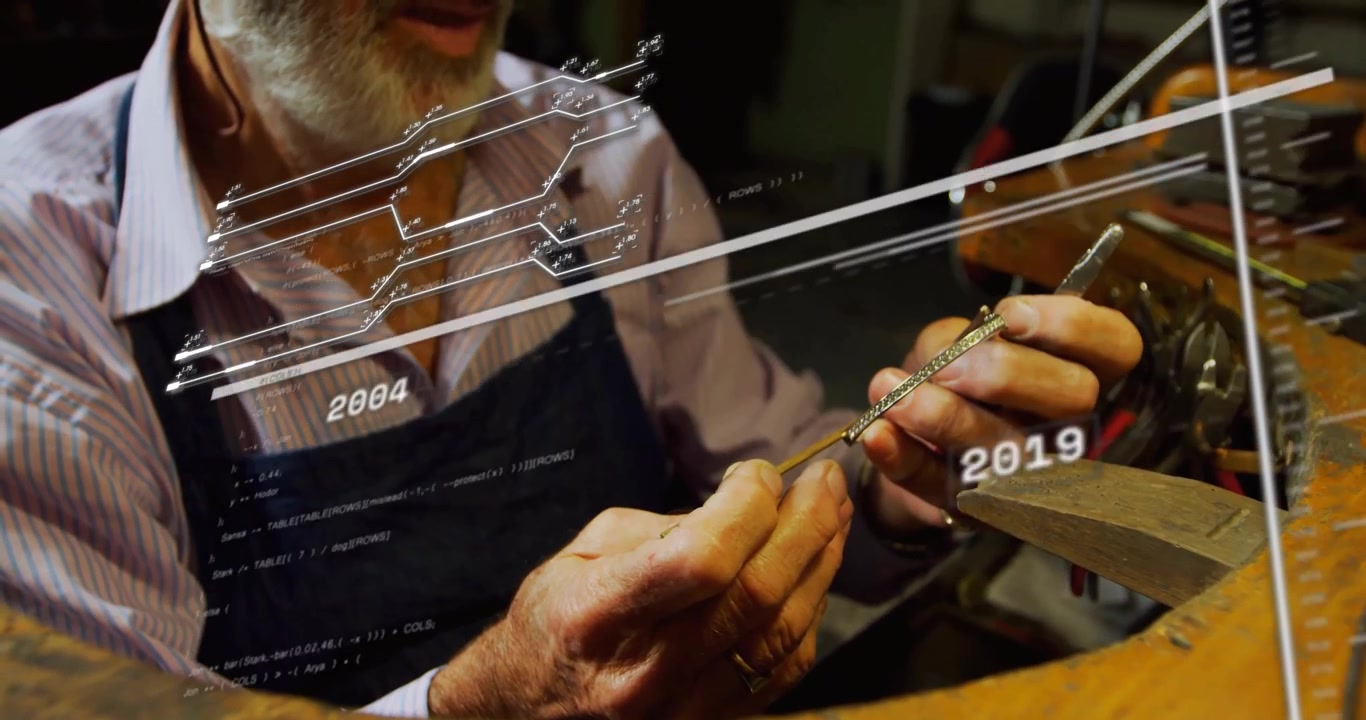 Senior craftsman filing chain links at metalwork bench while sliding timeline showing experience