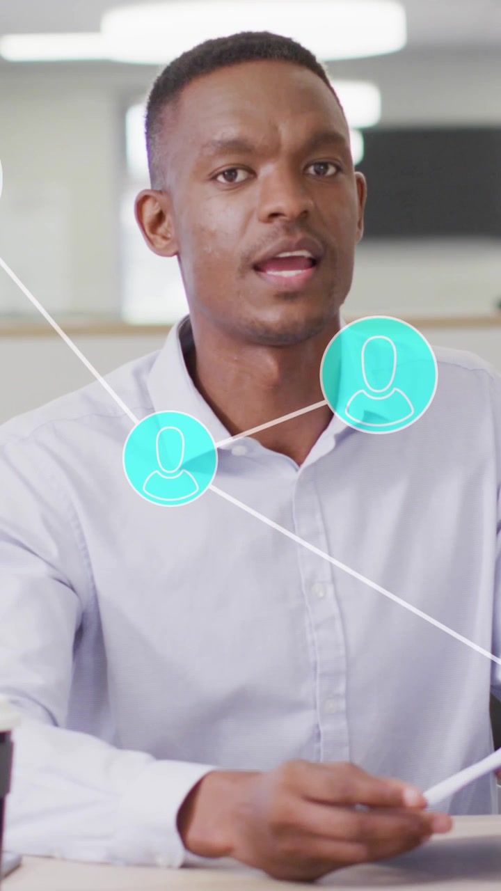 Animation of financial data with connections over african american businessman in office
