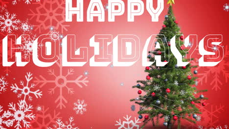 Animation-of-happy-holidays-text-over-christmas-tree-and-snow-falling