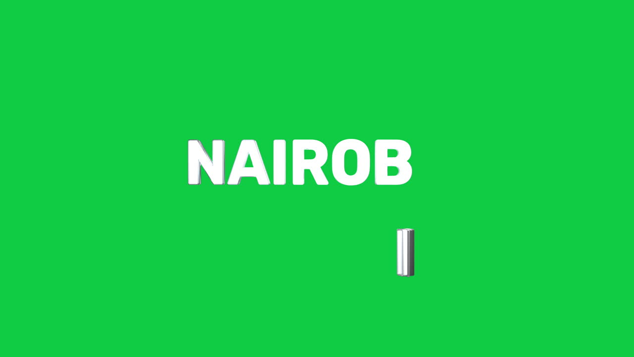 A smooth and high quality, silver 3D text reveal of the capital city "NAIROBI
