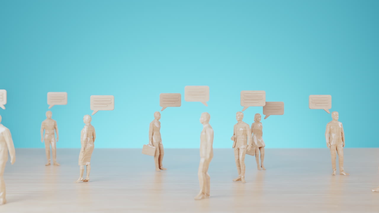 A group of simple wooden figures with speech bubbles symbolizes connection, conversation, and the exchange of ideas within a business or social network context