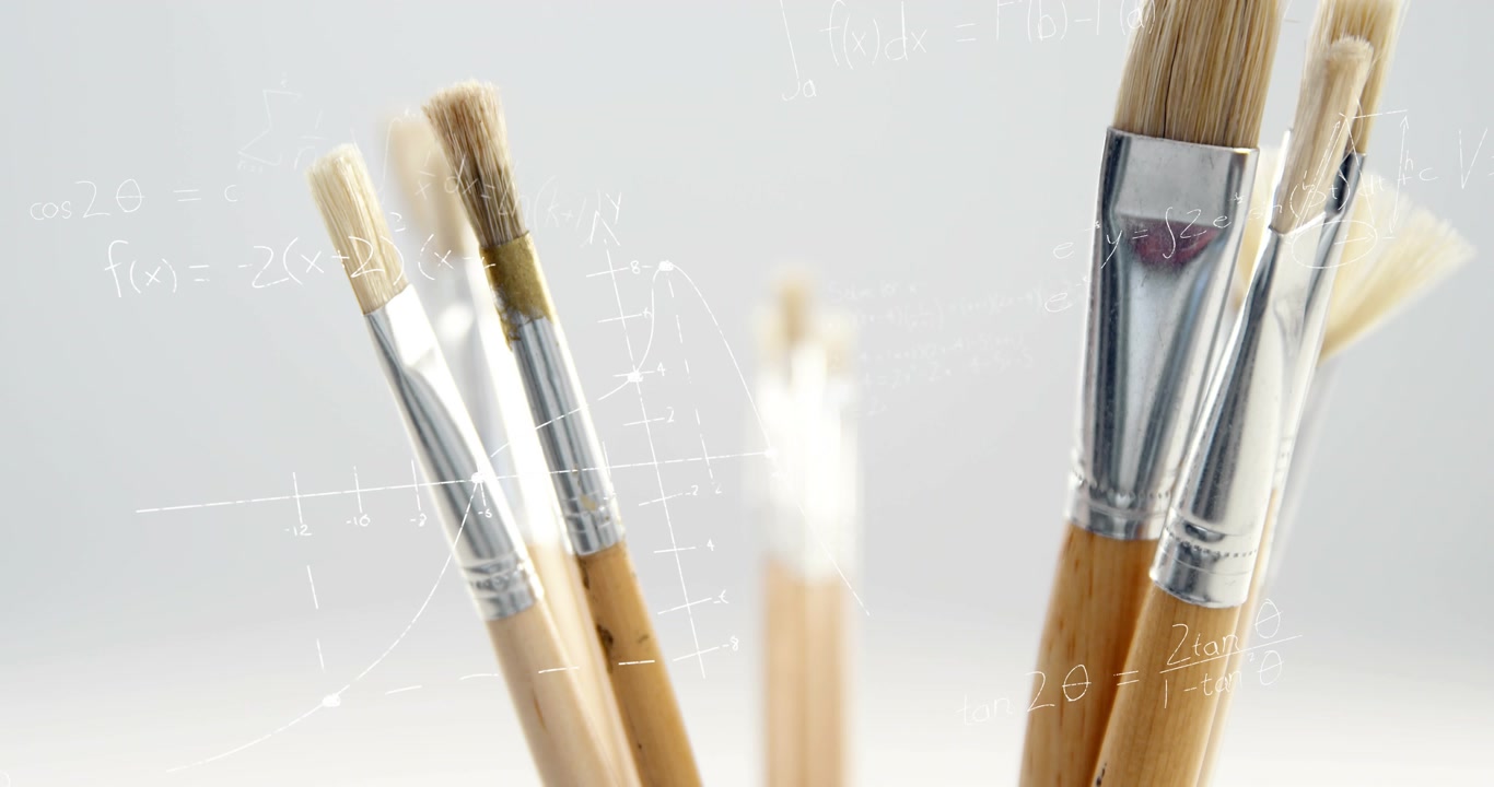 On start camera shifting focus from brushes to bristles, floating equations demonstrating analysis