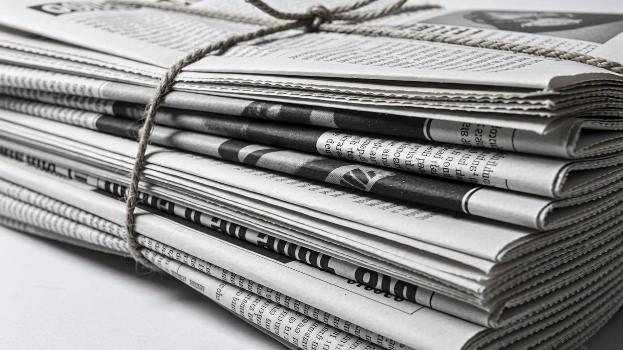 La telecamera si allontana rivelando una pila di giornali su un tavolo bianco, esponendo il nodo dello spago e le colonne di stampa
